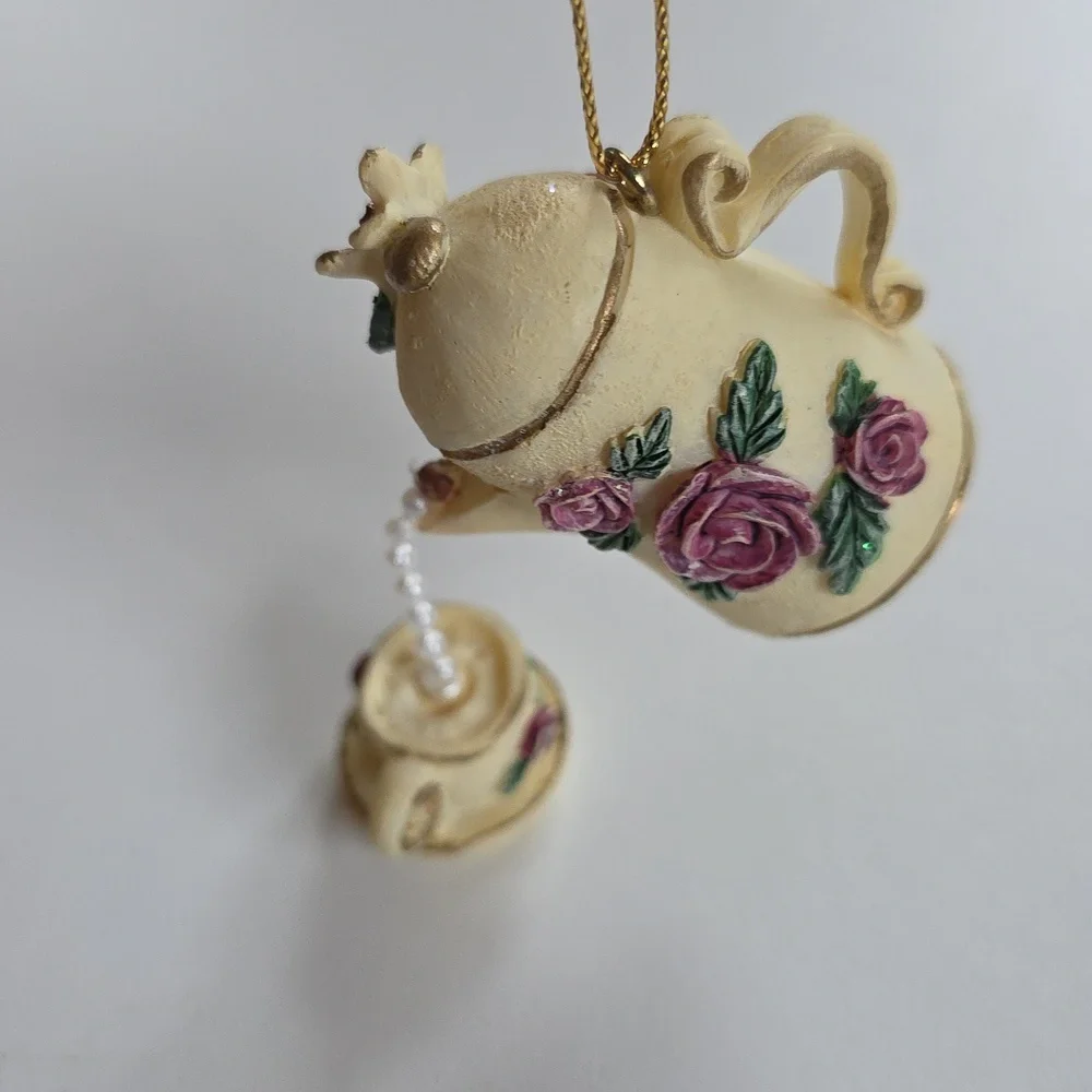 Christmas Ornament - Floral Cream Teapot With Beads To Teacup